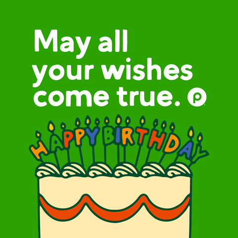 Cartoon gif. Against a solid green background, we see a line-drawing illustration of an off-white birthday cake with thin candles that spell "Happy Birthday". Text, "May all your wishes come true."