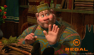 Disney gif. The Shopkeeper from Frozen sits at the counter. He looks over and waving, wiggling his fingers, while he says, “Yoo hoo!”