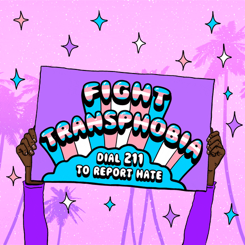 Digital art gif. Two cartoon hands with purple sleeves hold up a purple sign that says "fight transphobia, dial 2-1-1 to report hate," in the colors of the trans flag, pink, blue, and white. Pink palm trees and pink, white, and blue stars sparkle in the background.