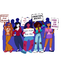 Digital art gif. Illustration of five diverse women holding protest signs in front of a crowd of people against a transparent background. The signs read, “Rights for women, The right to choose, Repro rights for all!, Abortion justice, and Bans off our bodies.”