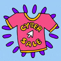 Illustrated gif. Pink T-shirt with orange trim and a white cursor in the center, surrounded by orange text that reads "Cyber Sale."