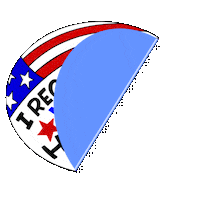 Digital art gif. Circle-shaped sticker decorated with an American flag adheres to a transparent background, featuring gleaming text that reads, “I’m registered to vote. How about you?”