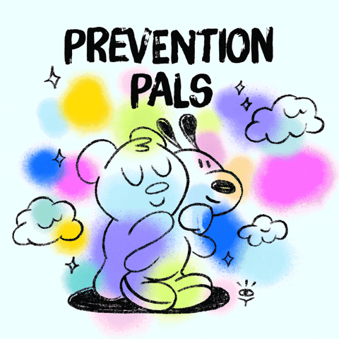 Digital art gif. Cartoon dogs hug one another, one's eyes closed happily and the other looking cheerfully into the distance. They're surrounded by doodles of clouds and colored polka dots. Text, "Prevention pals."