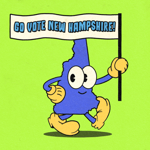 Digital art gif. Blue shape of New Hampshire smiles and marches forward with one hand on its hip and the other holding a flag against a lime green background. The flag reads, “Go vote New Hampshire!”