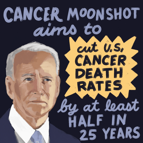 Political gif. Painterly illustration of Joe Biden with the quote, "Cancer Moonshot, aims to cut US cancer death rates, by at least half in 25 years" against a dark background.