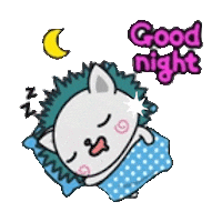 Sticker gif. Friendly cartoon lamb with rosy cheeks waves, holding a pillow and falling asleep. Text, 'Good night.'