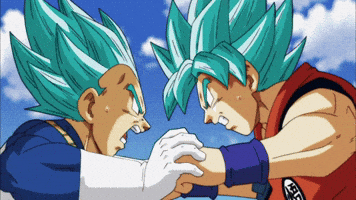 Cartoon gif. 2 grimacing Manga Dragon Ball characters with blue hair face off. They lock eyes as their fists push against each other.