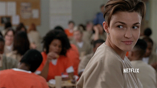 TV gif. Ruby Rose as Stella in Orange is the New Black. She looks at someone flirtatiously and winks with a coy smile.