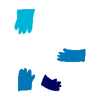 Digital art gif. Four blue cartoon hands snake across the screen to form the number nineteen.