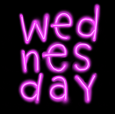 Text gif. In neon purple, the word "Wednesday" is divided into three stacked sections on top of one another.