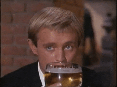 TV gif. David McCallum as Illya Kuryakin on The Man from Uncle raises a glass of beer to his mouth and takes a sip.