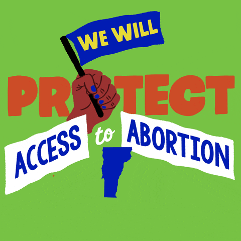 Text gif. Brown hand with blue fingernails in front of lime green background waves a blue flag up and down that reads, “We will,” followed by the text, “Protect access to abortion. Vermont.”