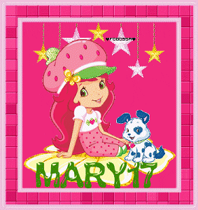 Illustrated gif. Animated profile picture featuring 2009 Strawberry Shortcake. Strawberry Shortcake sits on a yellow flower alongside Pupcake the dog with stars hanging in the background. An animated yellow butterfly flaps on Shortcake’s hat as the pink tiled boarder shifts through shades of pink. At the bottom is “MARY17” in green text.