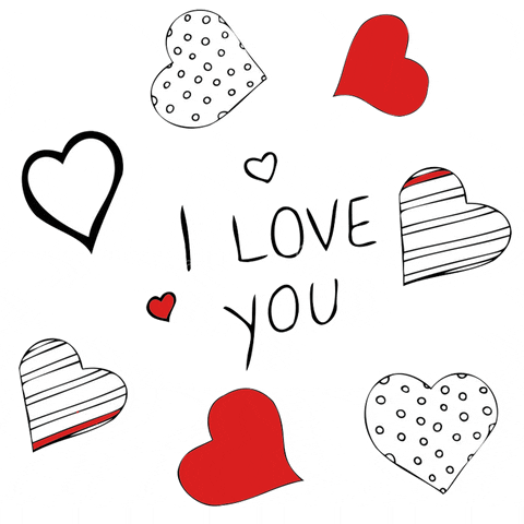 Text gif. Black text reads "I love you," on a white background, surrounded by dozens of red-and-white hearts decorated with contrasting designs like polka-dots, stripes, solids, and outlines. The hearts blink from white to red and bounce with the text. 