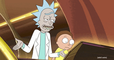 Cartoon gif. Rick and Morty are standing in front of a command center and suddenly they lean back, with shock on their faces.