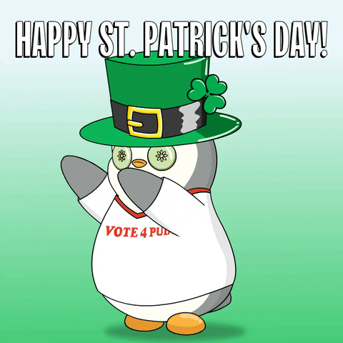 Cartoon gif. Pudgy Penguin, wearing a white with red ringer t-shirt a leprechaun hat and cucumbers over their eyes, is knocked over and engulfed by an avalanche of clovers. Text, "Happy St. Patrick's Day!"