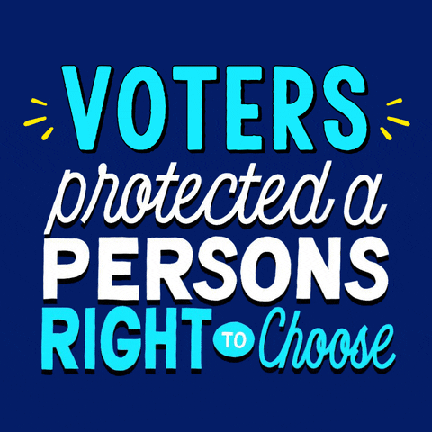 Text gif. Stylized letters in white and cyan on a royal blue background, accented by yellow action marks. Text, "Voters protected a person's right to choose."