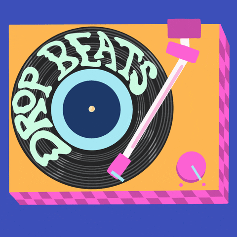 Digital art gif. Illustration of a colorful cartoon record player against a blue background. On the playing record, groovy letters spell out "Drop beats." The letters then morph into another phrase, "Not bombs."