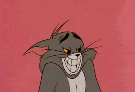 Cartoon gif. Tom from Tom and Jerry gives a tight, suspicious grin while shrugging his shoulders and raising his eyebrows.
