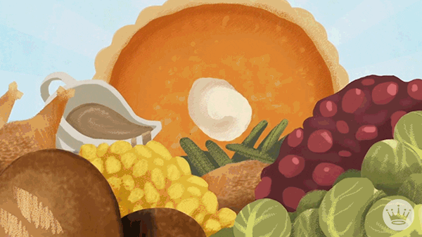 Illustrated gif. A pug hopping around in a pile of Thanksgiving food and getting progressively bigger and rounder until it covers the whole scene.