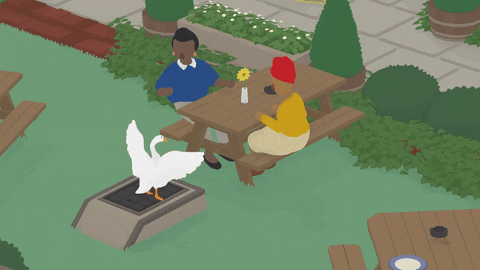 gif from Untitled Goose Gang. Goose honking at two characters sitting at a table