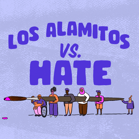 Digital art gif. Big block letters read "Los Alamitos vs hate," hate crossed out in paint, below, a diverse group of people carrying an oversized paintbrush dripping with pink paint.