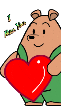 Sticker gif. Pants Bear smiles at us, holding a big red heart over a transparent background. He hugs the heart, squeezing his eyes shut. Text, “I miss you.”