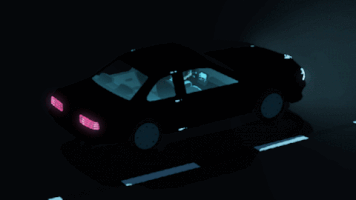 Cartoon gif. A black car drives endlessly at night on a dark road past the dotted line of a passing lane. Light reflects along the form of the car.