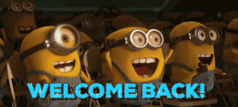 Movie gif. Several Minions from Despicable Me cheer, clap, and give thumbs up. Text, "Welcome back!"