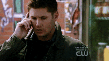 TV gif. Jensen Ackles as Dean Winchester on Supernatural is on the phone when he suddenly says, “No!” with pursed lips. He quickly takes the phone away from his ear and shakes his head, turning off the call fast.