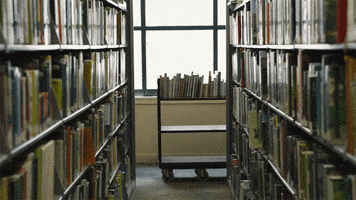 Video gif. At the end of a row of bookcases at a library, a woman pushes a cart of books while dancing, wiggling her body side to side.