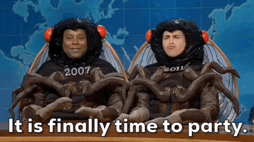 TV gif. Saturday Night Live castmembers Kenan Thompson and Marcello Hernandez are dressed up as cicadas in an appearance on Weekend Update. Thompson has the year 2007 written on his chest and Hernandez has the year 2011 written on his. Thompson says "It's time to party" while Hernandez nods in agreement.  