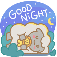 Cartoon gif. A lamb snuggles a stuffed lion as it sleeps beneath a starry sky. Text, "Good night."
