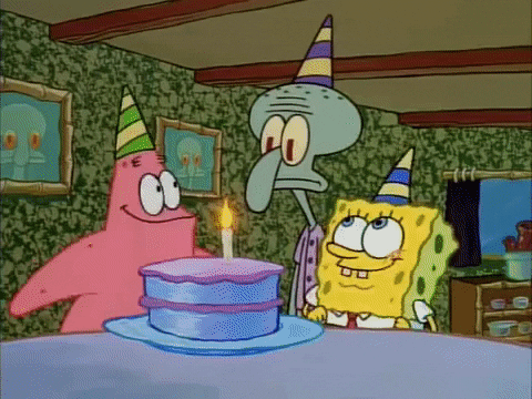 SpongeBob SquarePants gif. With a birthday cake, pin-the-tail-on-the-seahorse game, and presents, SpongeBob and Patrick celebrate Squidward, who appears bored and annoyed.