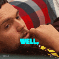 Reality TV gif. Closeup of a man in the show, Big Brother, pinching his graying goatee, then holding up his hand as he speaks to us. Text, "Well, hypothetically."