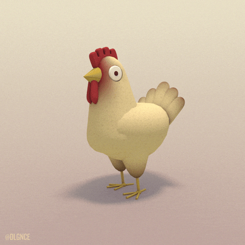 Digital art gif. 3D rendering of a chicken with a red comb and wattle and it turns its head left and right before bending over and pecking the floor. 