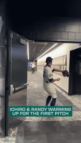 kingkaps7 giphyupload kingkaps7 nbd just ichiro and the big unit having a catch in the clubhouse GIF