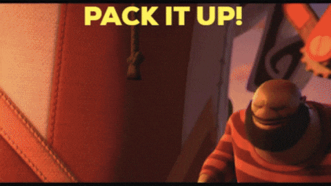 Movie gif. Samson from The Animal Crackers pulls a rope hanging from a circus tent. The tent folds up and wheels pop out from underneath as Samson hops on a bicycle in front to pull it. Text, "Pack it up! It's time to go!"