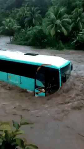 Surging Storm Dorian Floodwater Traps Bus in Martinique
