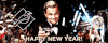Movie gif. Leonardo Dicaprio as Jay Gatsby in The Great Gatsby holds a martini class up with a smug smile on his face. Fireworks go off behind him. Text, “Happy new year!”