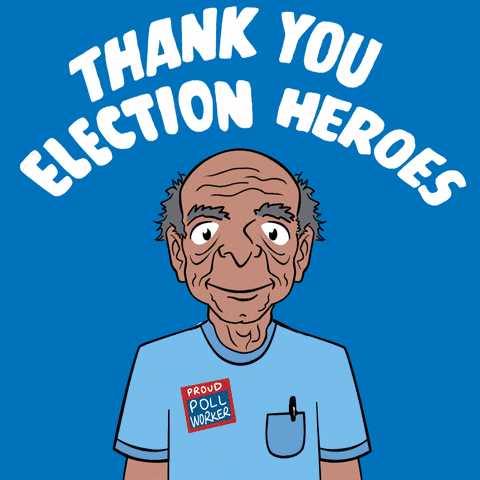 Digital art gif. Eight diverse figures flash in sequence against a blue background under the text, “Thank you election heroes.” Figures include three voters, a ballot counter, an election clerk, a poll worker, and a staffer.