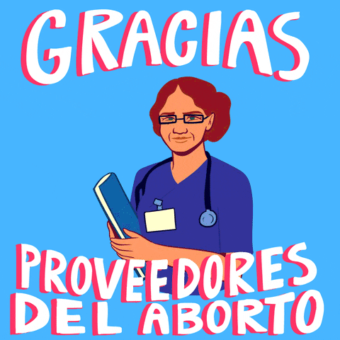 Illustrated gif. Diverse array of medical professionals scroll across a sky blue background. Text, in Spanish, "Gracias proveedores del aborto."