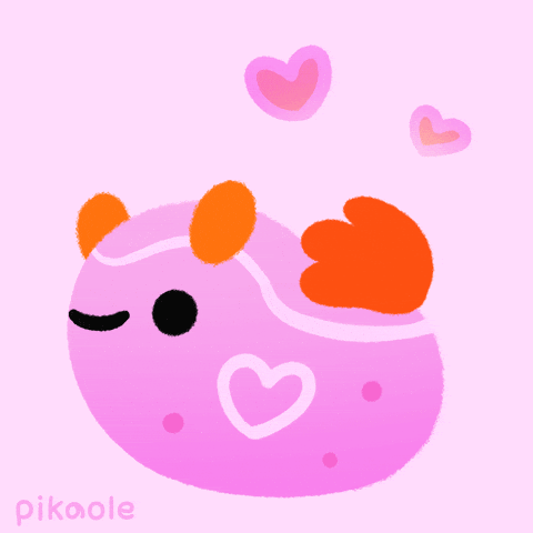 Illustrated gif. Profile shot of a pink and orange nudibranch with a heart-shaped fin scooting along. Hearts fly out of its tail.