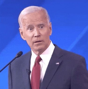 Political gif. Joe Biden stands frozen at a microphone and blinks with a stunned expression on his face.