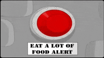 Illustrated gif. Blinking red alarm light flashes above a sign that reads, "Eat a lot of food alert."