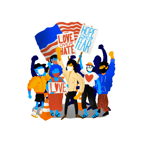 Digital art gif. Group of diverse people wearing face masks pump their fists and hold protest signs and American flags in the air over a transparent background. The signs read, “Love over hate, “Hate over fear,” and “Love.” Caption, “Protest is patriotic.”