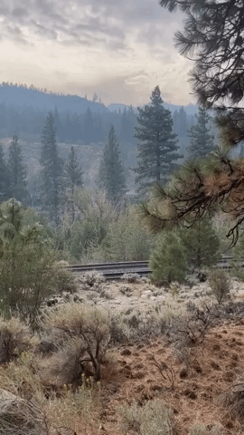Train Travels Through Smoky Northern California Landscape as Mosquito Fire Burns