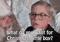 Movie gif. Peter Billingsley playing Ralphie in A Christmas Story sits on Santa’s lap, looking overwhelmed. Santa turns Ralphie’s face towards his own and asks, “What do you want for Christmas, little boy?” 
