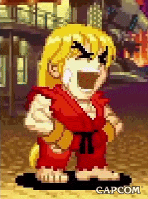 Video game gif. Ken in Super Puzzle Fighter II Turbo, stands in the street, hands on hips, bouncing up and down as he laughs with his mouth wide.