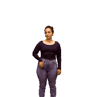 Digital art gif. Happy woman sassily points to different areas around her, where the words "Happy Fathers Day" appear, one after the other.